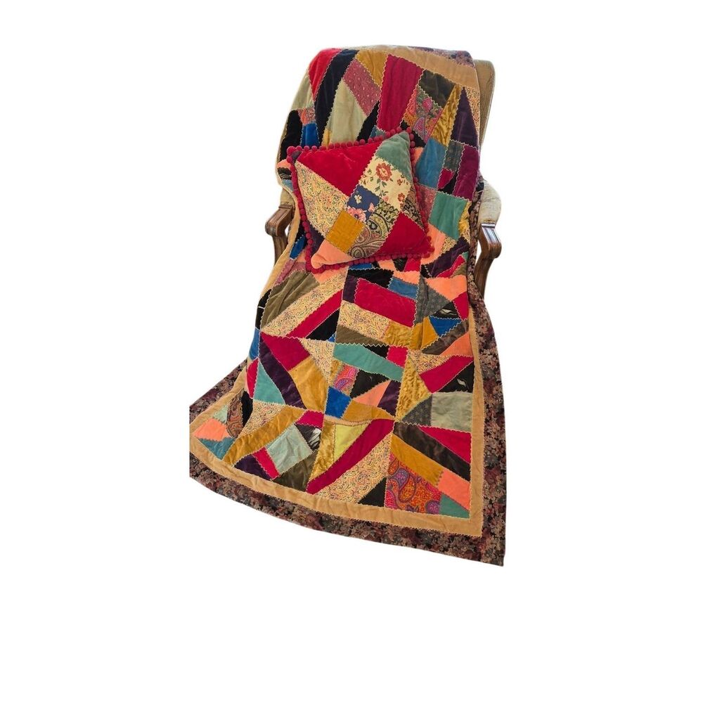 Vintage 1970s Handmade Velvet Crazy Quilt and Matching Pillow Set, Boho Eclectic